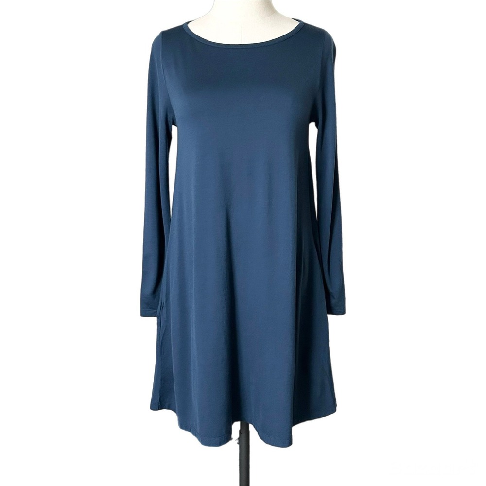Wool& Rowena Swing Dress Marine Blue Merino Wool Blend Long Sleeve Pockets Sz XS